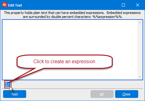 Edit Text dialog box where expressions are entered. The text box is empty, and the expression icon is highlighted in the lower left corner of the dialog.